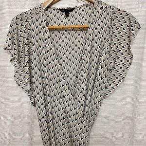 Banana Republic Black & Cream Printed Flutter Sleeve Wrap Dress